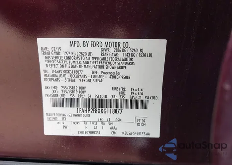 2019 Ford Taurus Limited z USA, uszkodzony, nr VIN 1FAHP2F8XKG118077